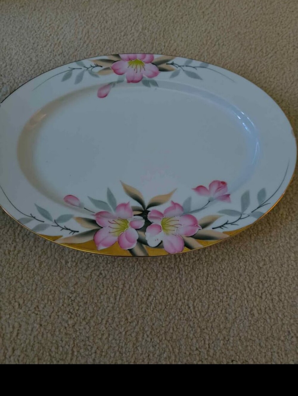 White Oval Serving Platter with Pink Floral Pattern Each Has Small Chip.